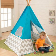 Load image into Gallery viewer, KidKraft Deluxe Bamboo &amp; Canvas Play Teepee, Children's Furniture – Turquoise &amp; Chevron Print