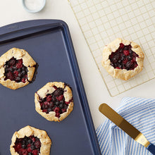 Load image into Gallery viewer, Wilton Non-Stick Diamond-Infused Large Navy Blue Cookie Sheet with Gold Cooling Grid Set
