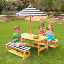 Load image into Gallery viewer, KidKraft Outdoor table and Chair Set with Cushions and Navy Stripes