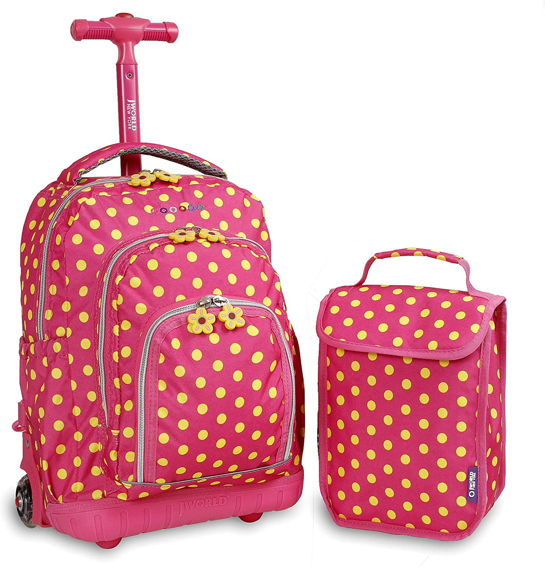 J World Lollipop Kids Rolling Backpack & Lunch Bag Set for Elementary School. Carry-On Suitcase with Wheels