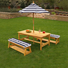 Load image into Gallery viewer, KidKraft Outdoor table and Chair Set with Cushions and Navy Stripes