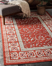 Load image into Gallery viewer, Unique Loom Outdoor Botanical Collection Carved Border Transitional Indoor and Outdoor Flatweave Rust Red   Area Rug (6' 0 x 9' 0)