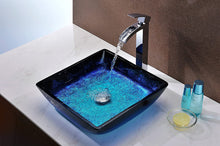 Load image into Gallery viewer, Modern Tempered Glass Vessel Square Sink with Single Hole in Blazing Blue and Single Handle Key Bathroom Sink Faucet in Polished Chrome | Viace LSAZ056-097 by ANZZI