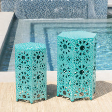 Load image into Gallery viewer, Functional,Stylish and Elegant Marshall Outdoor 12 Inch and 14 Inch Sunburst Iron Side Table Set, Crackle Teal,Adds Color to Your Patio and Backyard