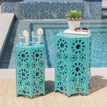 Load image into Gallery viewer, Functional,Stylish and Elegant Marshall Outdoor 12 Inch and 14 Inch Sunburst Iron Side Table Set, Crackle Teal,Adds Color to Your Patio and Backyard