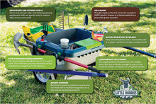 Load image into Gallery viewer, Original Little Burro, USA made lawn/garden tray for all 4-6 cu. ft. wheelbarrows. Holds rake, shovel, short handle tools, drinks &amp; water tight storage for phone. Wheelbarrow not included. Great gift!