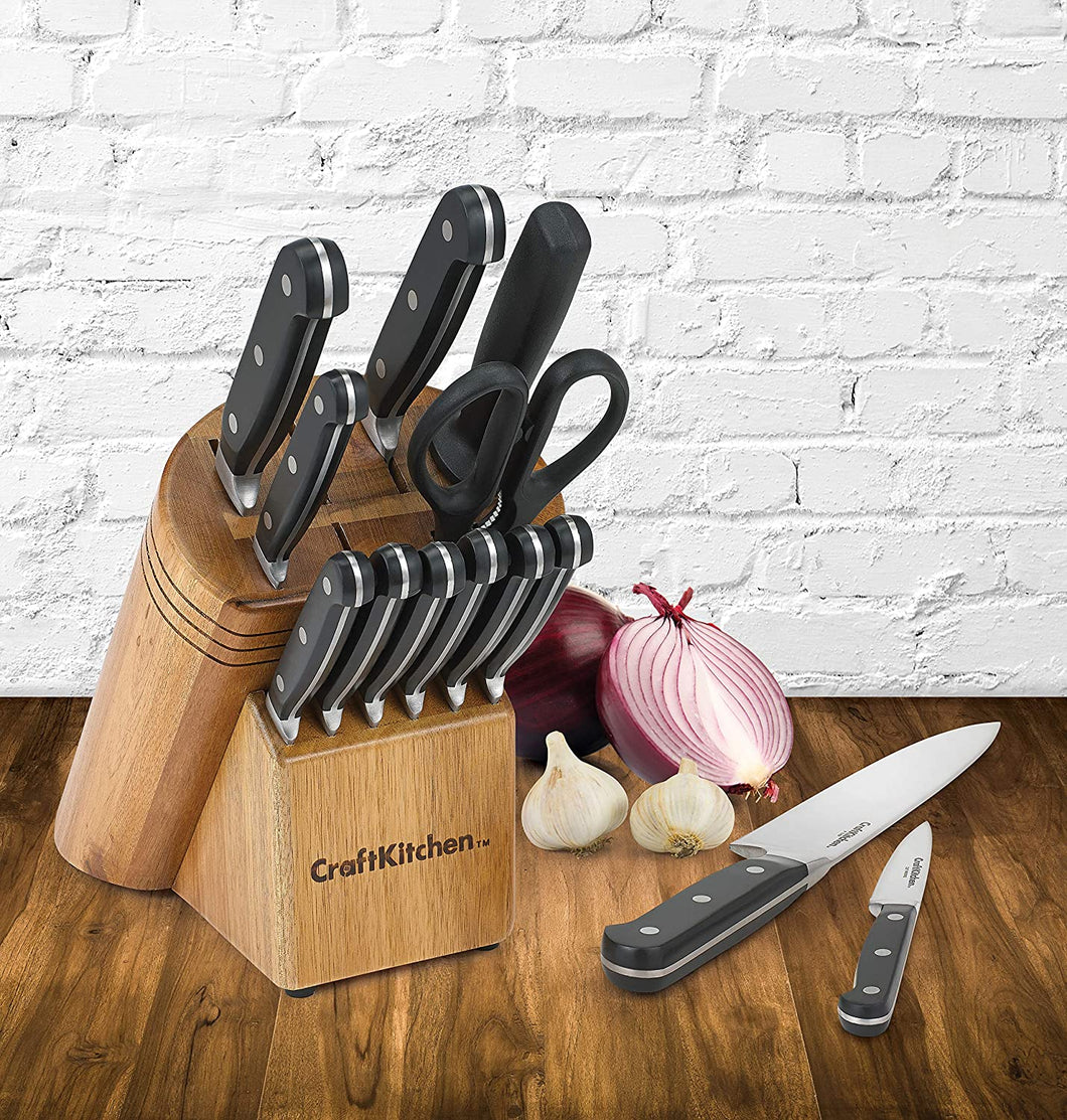CraftKitchen 14 Pc Triple Rivet Handle Cutlery Set in Acacia Wood Storage Block